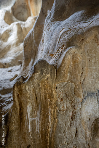 Interior of the large hall of old Karain cave, hidden in Mediterranean region. Confirms human habitation since the early Paleolithic age between 150,000 and 200,000 years ago.Yagca, Antalya, Turkey. photo