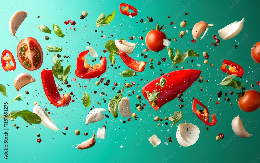 Fresh salsa ingredients flying mid-motion with a vivid teal backdrop Fresh salsa ingredients flying mid-motion with a vivid teal backdrop