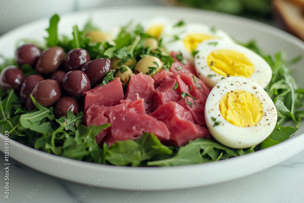 Classic Niçoise salad with tuna, boiled eggs, olives, and fresh greens, vibrant colors, served on a white plate