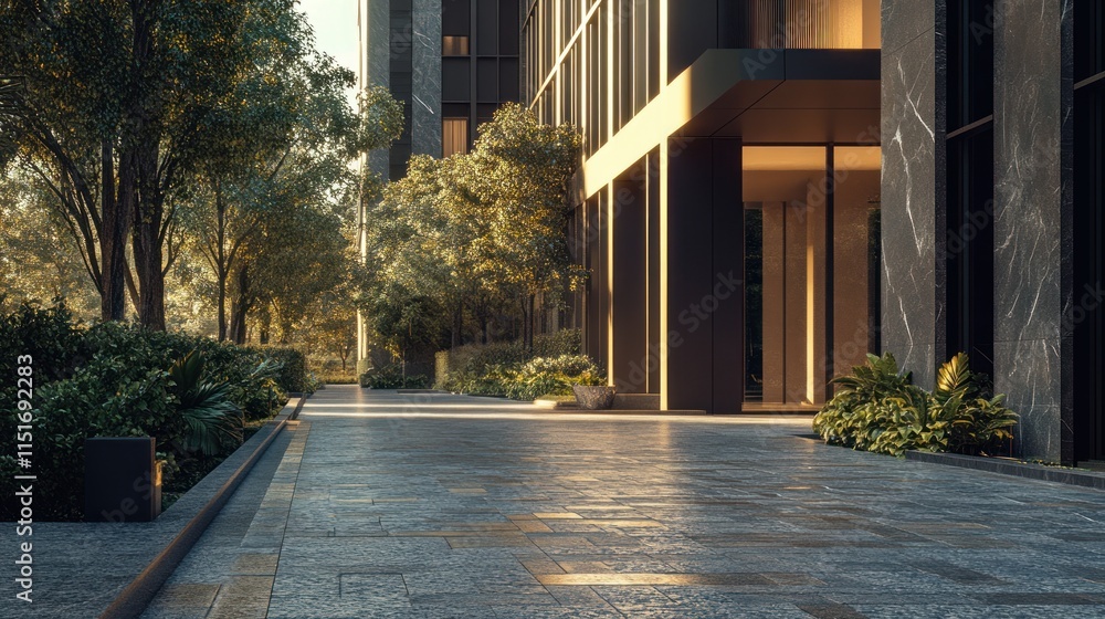 Fototapeta premium Serene Urban Oasis: Modern Architecture Meets Lush Greenery