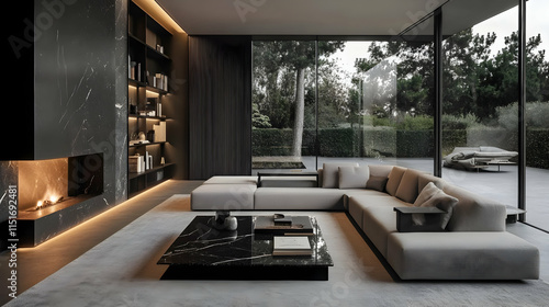 Modern Minimalist Living Room Design with Marble Fireplace and Large Windows