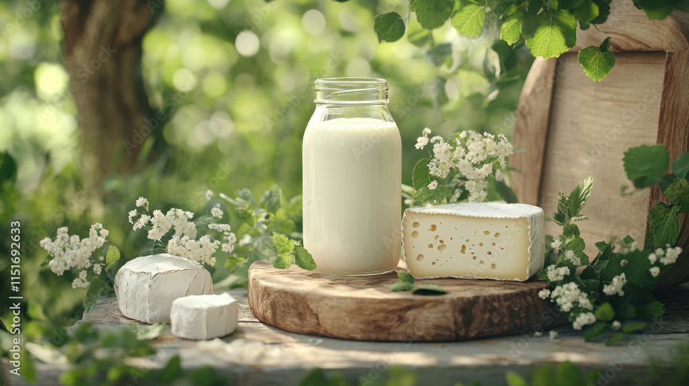 Fresh organic, A high-quality image featuring organic dairy products, including milk and cheese, beautifully arranged on a wooden surface. Fresh organic, A high-quality image featuring organic dairy products, including milk and cheese, beautifully arranged on a wooden surface.