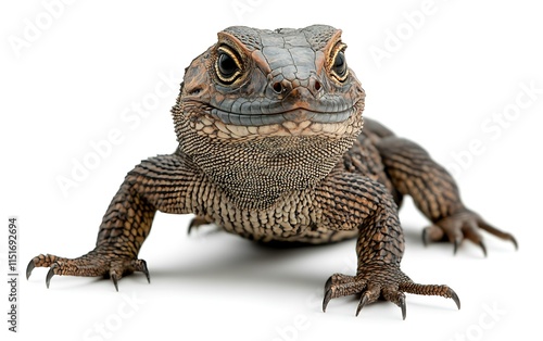 Close-up of a Shingleback skink, facing forward, isolated on white background. photo