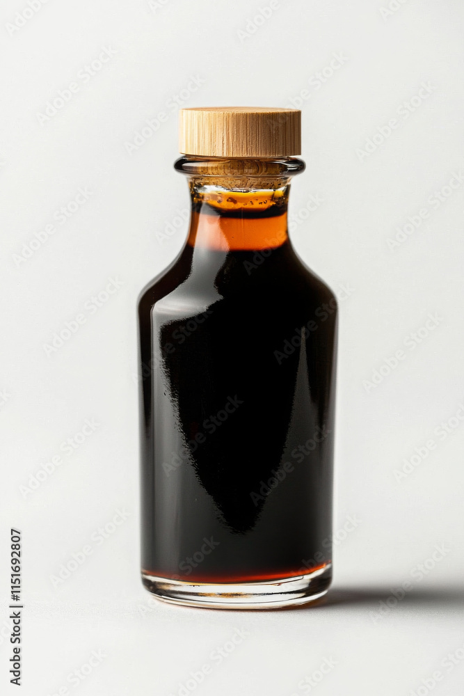 Rich soy sauce in glass bottle with wooden cap, perfect for cooking Rich soy sauce in glass bottle with wooden cap, perfect for cooking