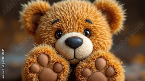 Cute teddy bear plush toy with a friendly expression against a soft brown background.