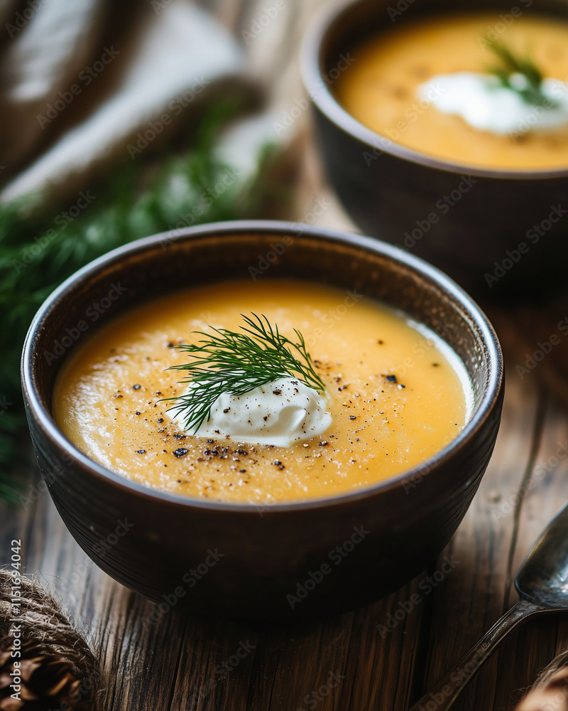 Close-up of schi soup with a dollop of sour cream and fresh dill, rustic wooden table, warm tones Close-up of schi soup with a dollop of sour cream and fresh dill, rustic wooden table, warm tones