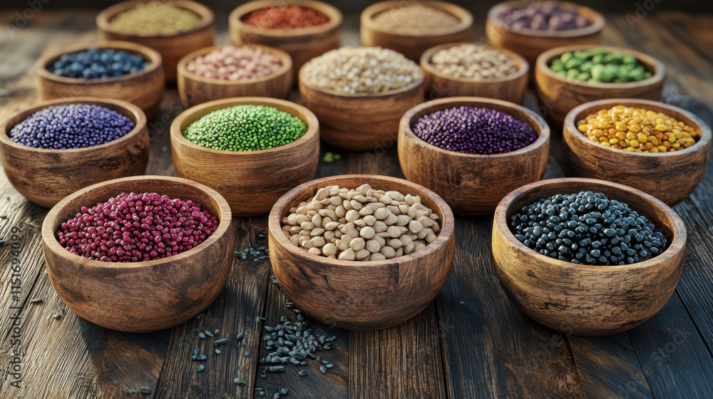 Fresh organic, A 3D illustration featuring assorted organic grains displayed in wooden bowls, perfect for natural food, organic, or culinary-themed projects. Fresh organic, A 3D illustration featuring assorted organic grains displayed in wooden bowls, perfect for natural food, organic, or culinary-themed projects.