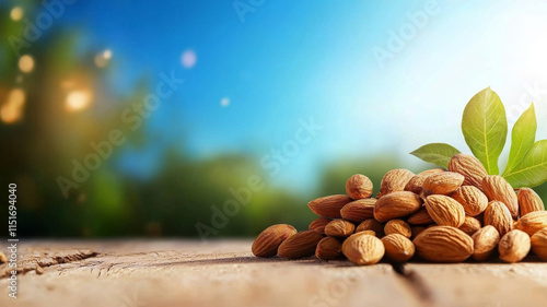 Wallpaper Mural Fresh almonds on wooden surface with green leaves and blue sky Torontodigital.ca