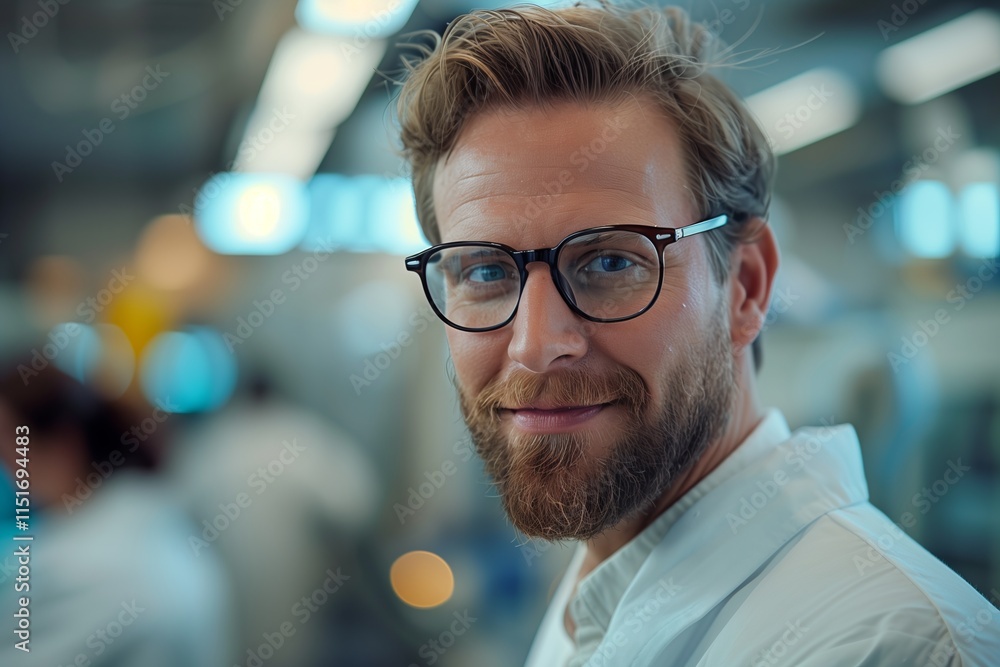 Obraz premium A confident man with glasses smiles in a professional environment, exuding warmth and approachability.