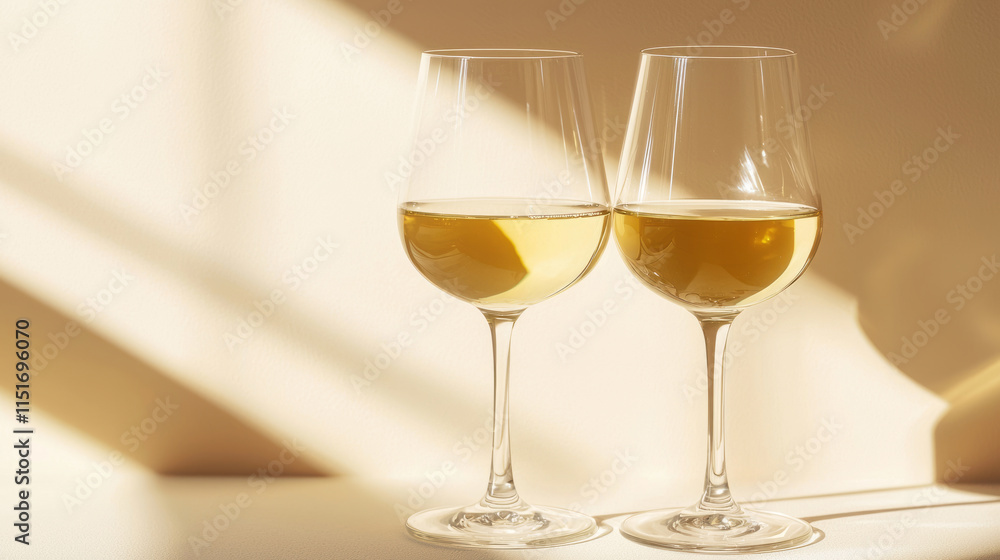 Two elegant wine glasses casting shadows on a sunlit surface Two elegant wine glasses casting shadows on a sunlit surface