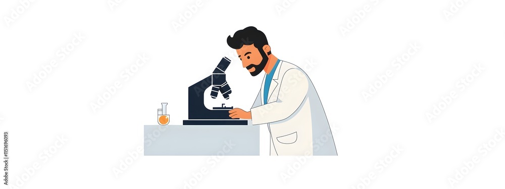 A scientist is looking through a microscope in a laboratory. This flat vector illustration has a white background, a simple design A scientist is looking through a microscope in a laboratory. This flat vector illustration has a white background, a simple design