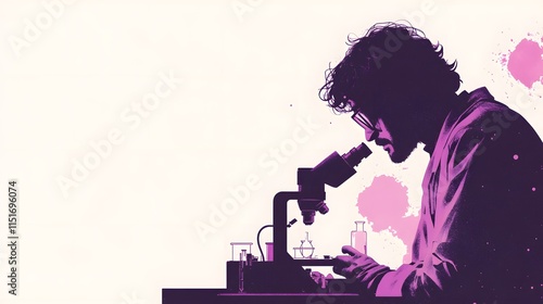 A scientist is looking through a microscope in a laboratory. This flat vector illustration has a white background, a simple design