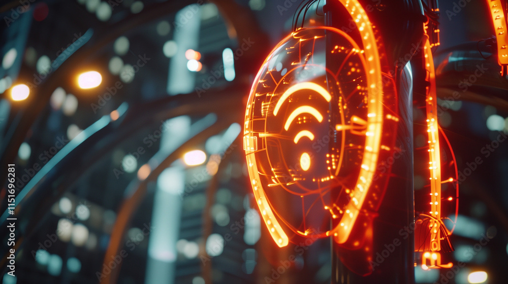 Glowing Wi-Fi Symbol on Digital Device with Network Cables, Symbolizing Internet Connectivity Glowing Wi-Fi Symbol on Digital Device with Network Cables, Symbolizing Internet Connectivity
