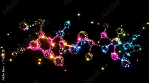 Abstract digital molecular model with vibrant neon nodes and interconnected lines, emphasizing advancements in biotechnology and medicine 