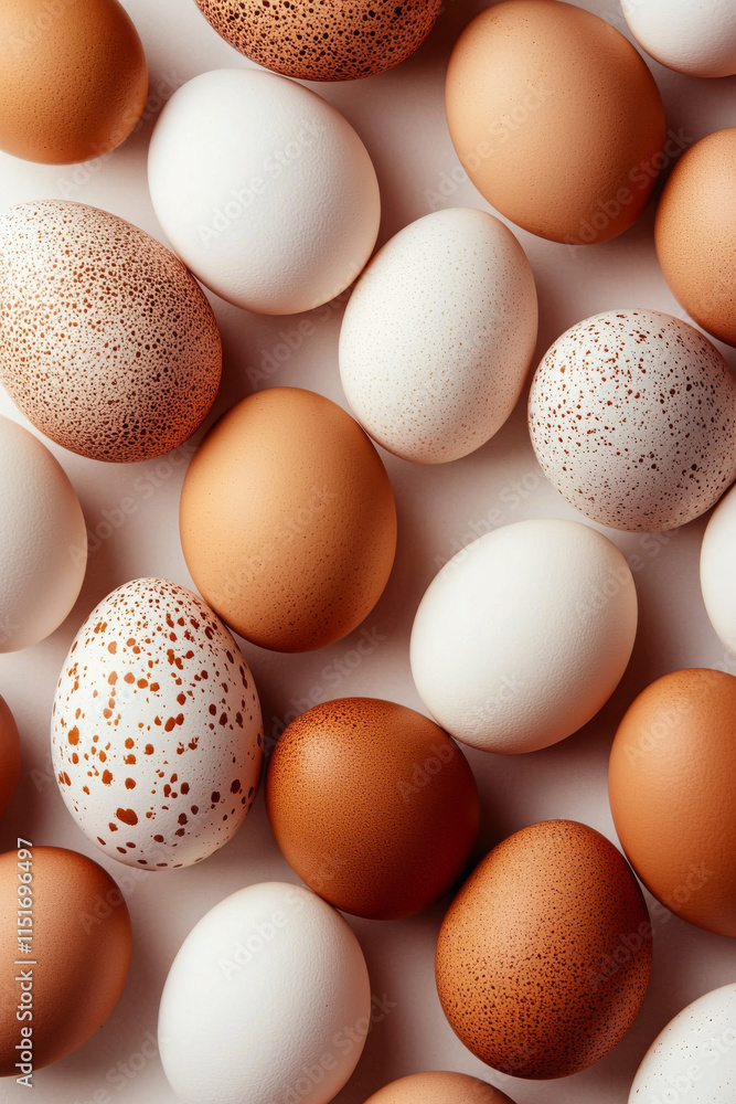 Fresh eggs in various colors and patterns on light background Fresh eggs in various colors and patterns on light background