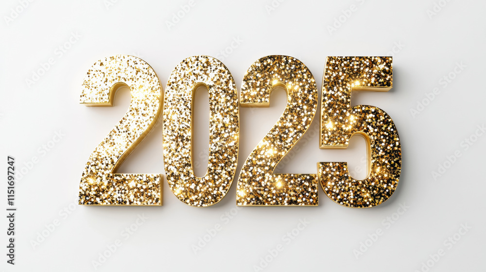 Happy new year 2025 number glitter sparkling golden yellow shiny relief brushed metal wallpaper, 3D modern fashion shimmering glossy fashion white background banner template Happy new year 2025 number glitter sparkling golden yellow shiny relief brushed metal wallpaper, 3D modern fashion shimmering glossy fashion white background banner template