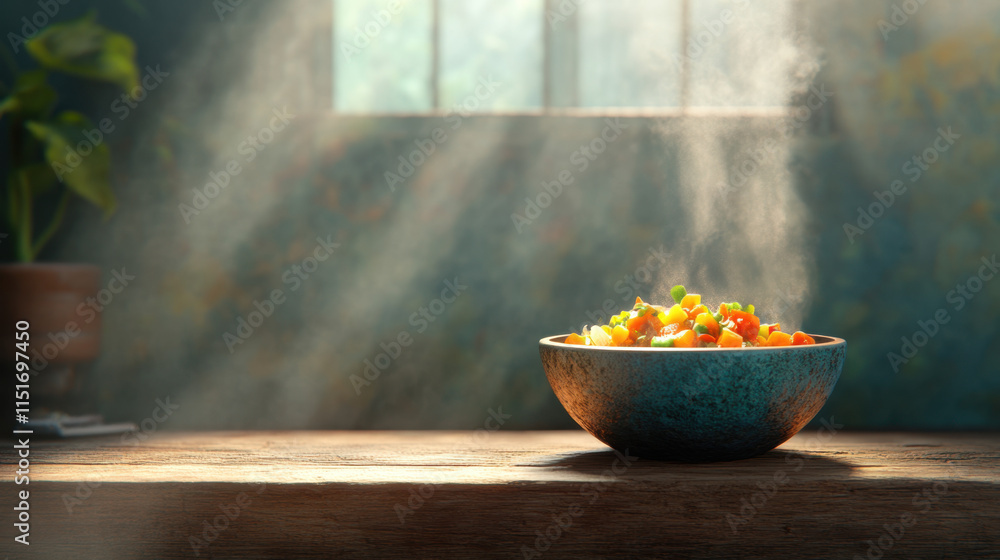 Fresh organic, A steaming bowl of organic vegetable soup rendered in 3D, showcasing vibrant colors and a fresh, appetizing appeal. Perfect for food-related projects. Fresh organic, A steaming bowl of organic vegetable soup rendered in 3D, showcasing vibrant colors and a fresh, appetizing appeal. Perfect for food-related projects.