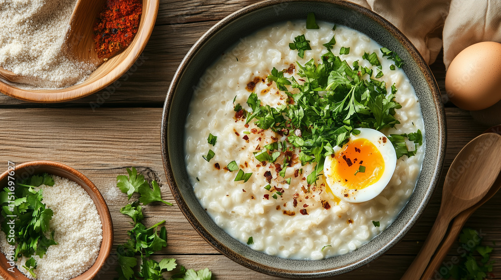 High-angle view of arroz caldo with toppings of boiled egg and herbs, served on a rustic wooden table High-angle view of arroz caldo with toppings of boiled egg and herbs, served on a rustic wooden table