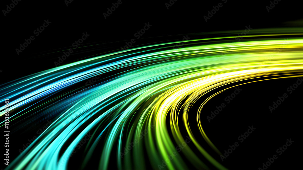 Obraz premium Curved lines of light in shades of green and blue against a dramatic black background, with accents of yellow. The high-speed photography technique captures the shiny, glowing edges and motion blur.