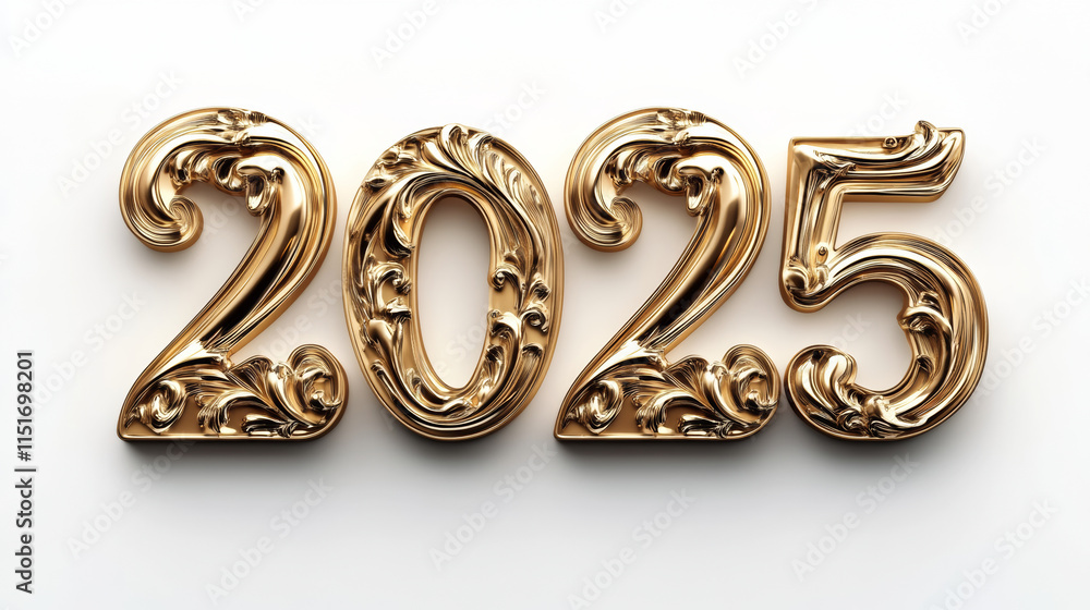 Happy new year 2025 number gold yellow shiny rococo relief brushed metal wallpaper, 3D modern fashion shimmering glossy fashion white background banner template Happy new year 2025 number gold yellow shiny rococo relief brushed metal wallpaper, 3D modern fashion shimmering glossy fashion white background banner template