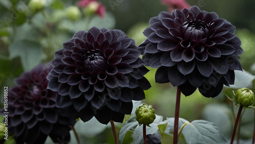 Beautiful dark dahlias in full bloom showcasing intricate petal layers against a soft green garden backdrop