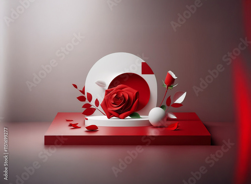 A red rose is elegantly displayed in a minimalist, abstract 3D rendering.  Geometric white shapes and red accents form a modern stage for the flower.  Petals are scattered, adding a touch of romance. photo