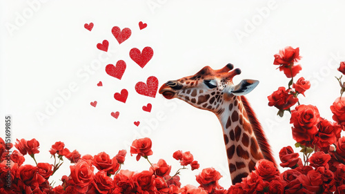 Giraffe surrounded by roses and hearts, expressing love and affection