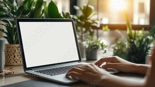 Individual typing on laptop with blank screen in minimalist office, clean and effective for professional mockups