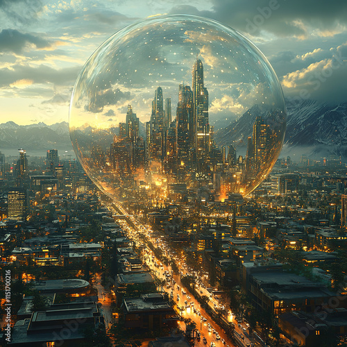 A futuristic city covered by a transparent dome protecting from harsh weather photo