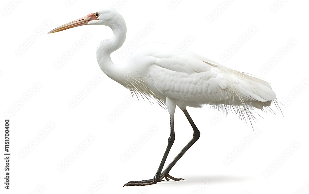 A majestic white heron stands on a white background, showcasing its elegant plumage and long legs. A majestic white heron stands on a white background, showcasing its elegant plumage and long legs.