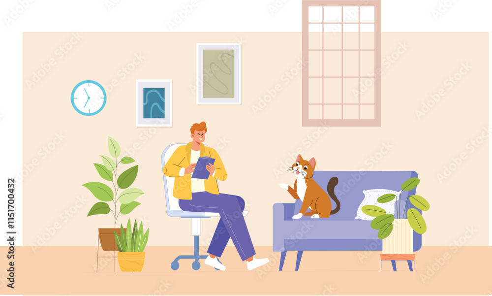 An illustration of a relaxing moment with pets at home, showing a person comfortably lounging on a couch or chair, enjoying the company of a pet like a dog or cat in a cozy, peaceful living room setti An illustration of a relaxing moment with pets at home, showing a person comfortably lounging on a couch or chair, enjoying the company of a pet like a dog or cat in a cozy, peaceful living room setti
