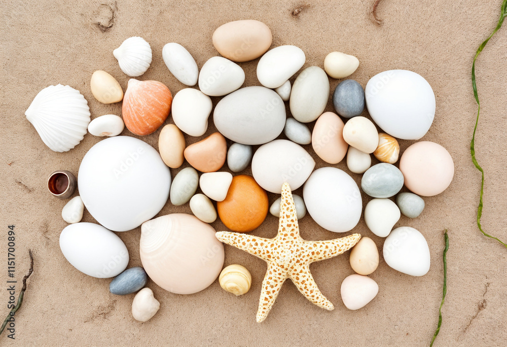 close up of pebbles and starfish on the beach close up of pebbles and starfish on the beach