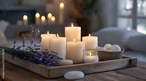 A peaceful arrangement of flickering candles, smooth stones, and soothing lavender. photo