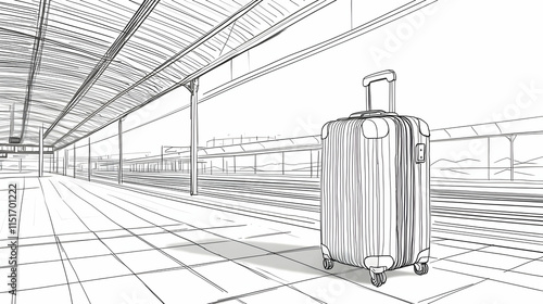 A clean, minimalist line drawing of a suitcase on a vacant train station platform, capturing the poignant emotions of departure and the hope of new beginnings