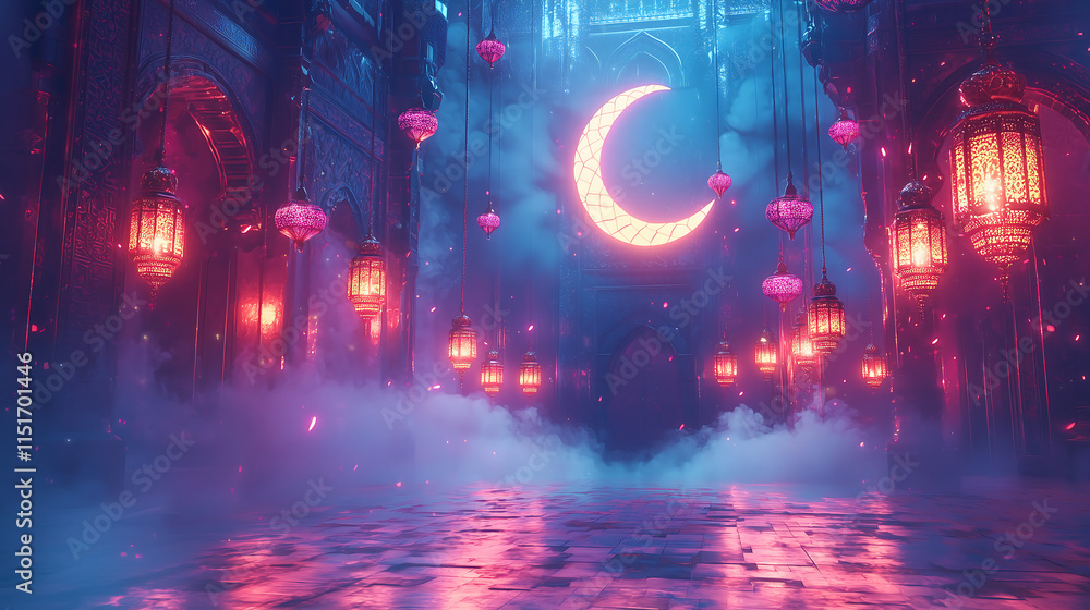 Fototapeta premium Vibrant Ramadan Scene with Glowing Lanterns and Illuminated Crescent Moon