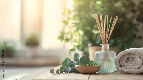 A calming corner with a frosted glass diffuser, eucalyptus leaves, and a rustic wooden backdrop, evoking a spa-like atmosphere