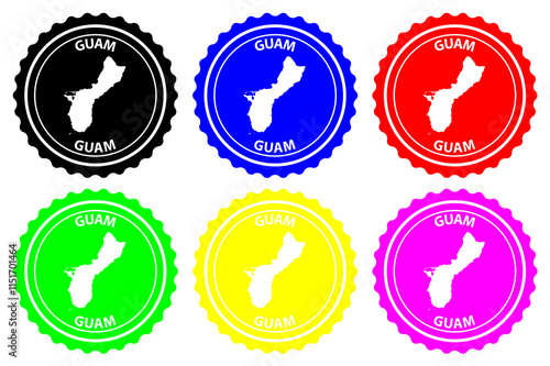 Guam - rubber stamp - vector, Guam Island map pattern - sticker - black, blue, green, yellow, purple and red