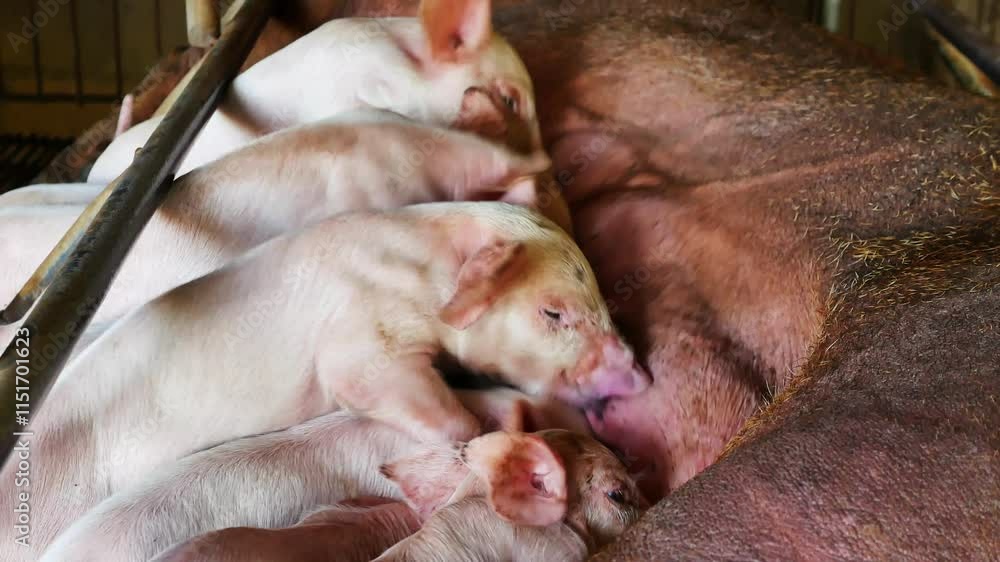 piglets suckling a sow farm, Small piglet drinking milk from breast pig in the farm piglets suckling a sow farm, Small piglet drinking milk from breast pig in the farm