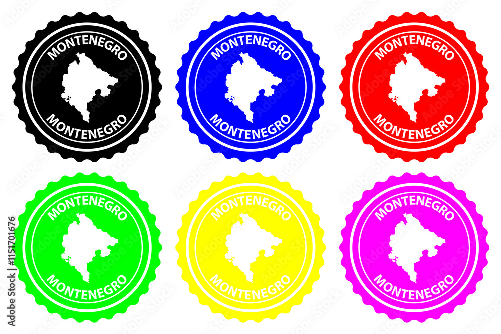 Fototapeta premium Montenegro - rubber stamp - vector, Montenegro map pattern - sticker - black, blue, green, yellow, purple and red