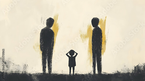A simple, minimalist design featuring a child holding their ears, dwarfed by abstract, rigid figures of parents locked in conflict.