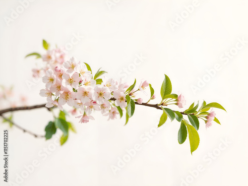 Beautiful blooming pink cherry blossoms on a bright white background, capturing spring's essence and purity. Generative AI