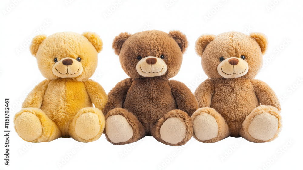 Fototapeta premium Soft teddy bears in yellow, brown, and beige colors on white background