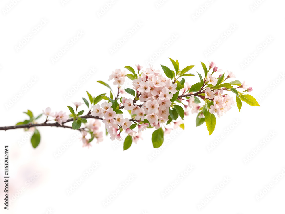 Obraz premium Beautiful blooming pink cherry blossoms on a bright white background, capturing spring's essence and purity. Generative AI