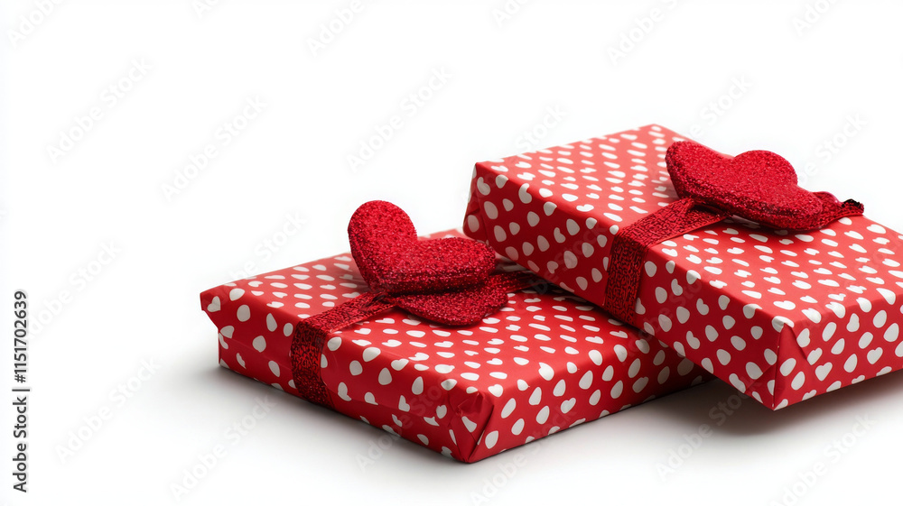 Wrapped gifts with red polka dot design and heart decorations for celebrations Wrapped gifts with red polka dot design and heart decorations for celebrations