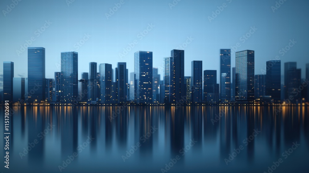 Fototapeta premium Modern city skyline illuminated at dusk with reflections