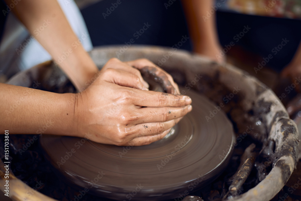 Hands of craftsman artist working on pottery wheel. Hands of craftsman artist working on pottery wheel.