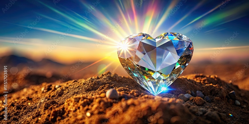 Fototapeta premium Heart-shaped gemstone discovered at sunset, radiant light beams illuminating the precious find in the earth