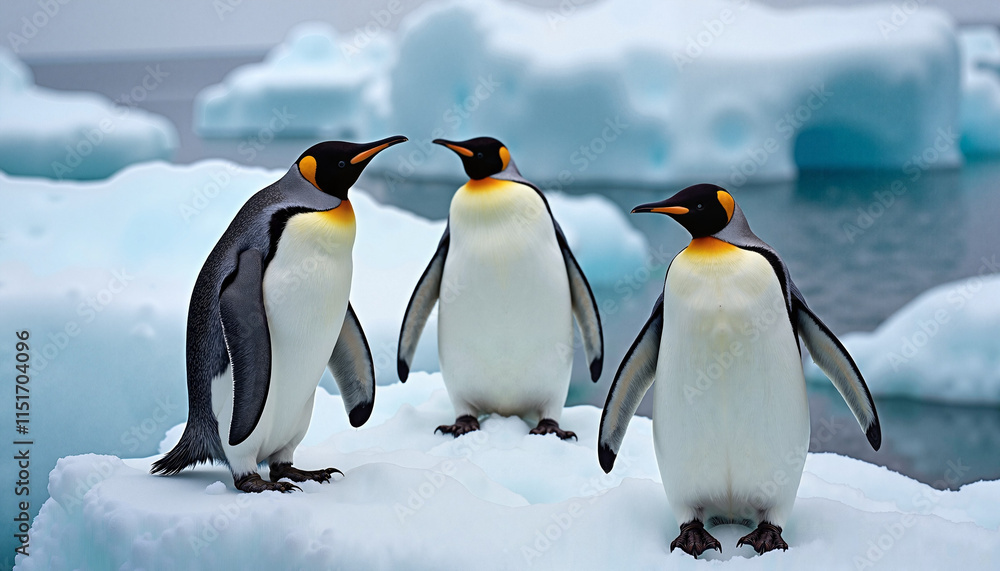 Fototapeta premium Three emperor penguins standing together on an iceberg in a chilly Antarctic landscape, World Wildlife Day 