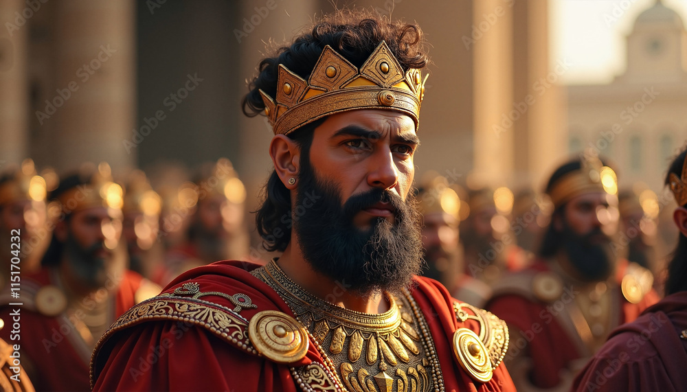 Regal man in royal attire with a crown, surrounded by a group of warriors in an epic historical setting
Regal man in royal attire with a crown, surrounded by a group of warriors in an epic historical setting