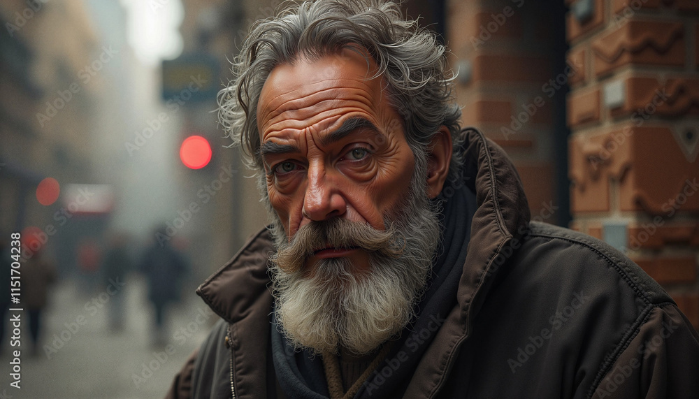 Close-up portrait of an older man with a gray beard and expressive eyes in a urban setting
Close-up portrait of an older man with a gray beard and expressive eyes in a urban setting